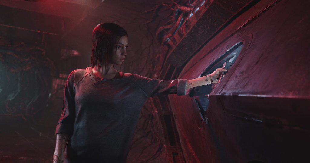 An image from the film ALITA: BATTLE ANGEL that displays Rosa Salazar stars as Alita.