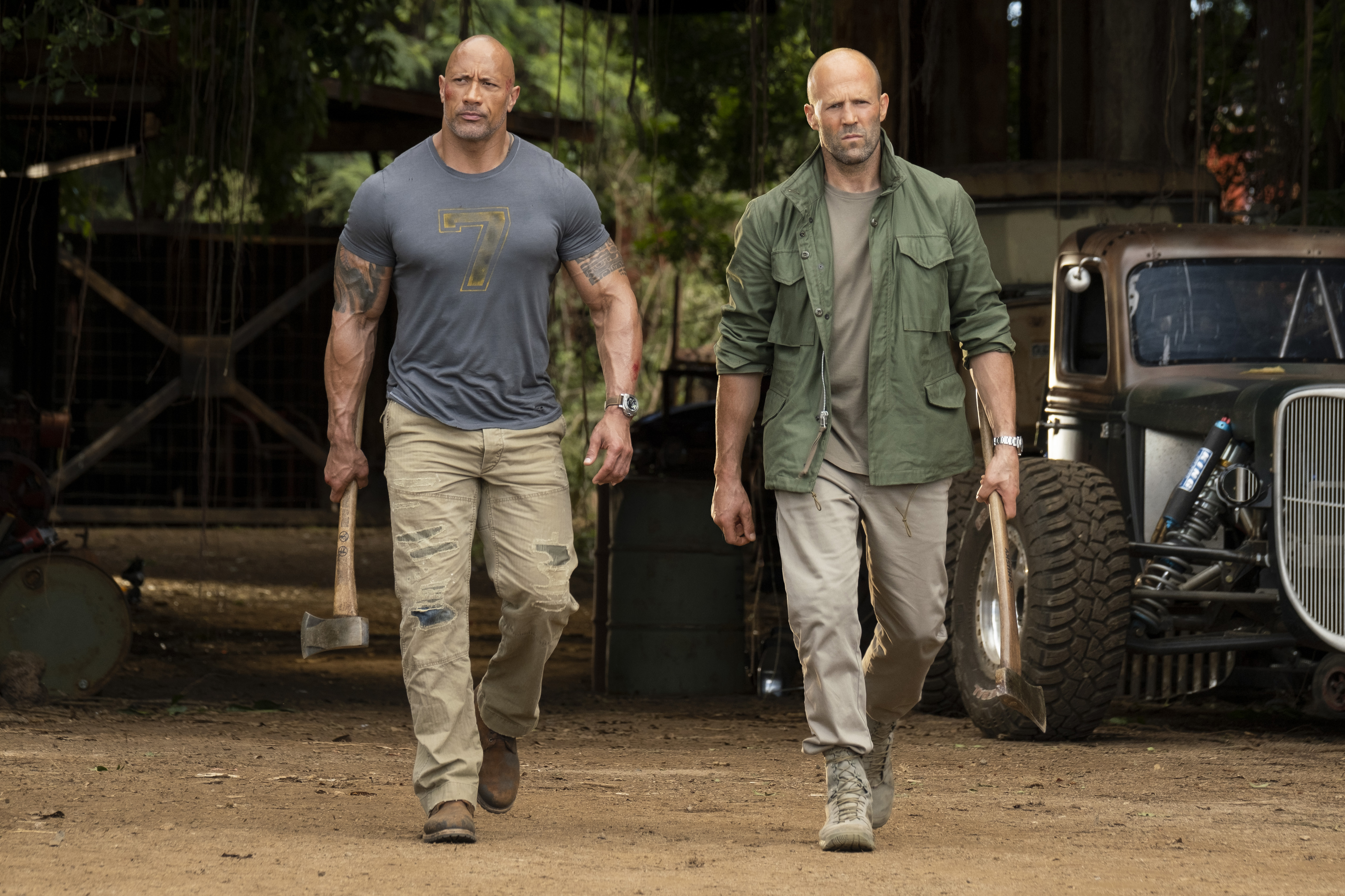 Scene from (from left) Luke Hobbs (Dwayne Johnson) and Deckard Shaw (Jason Statham) in "Fast & Furious Presents: Hobbs & Shaw