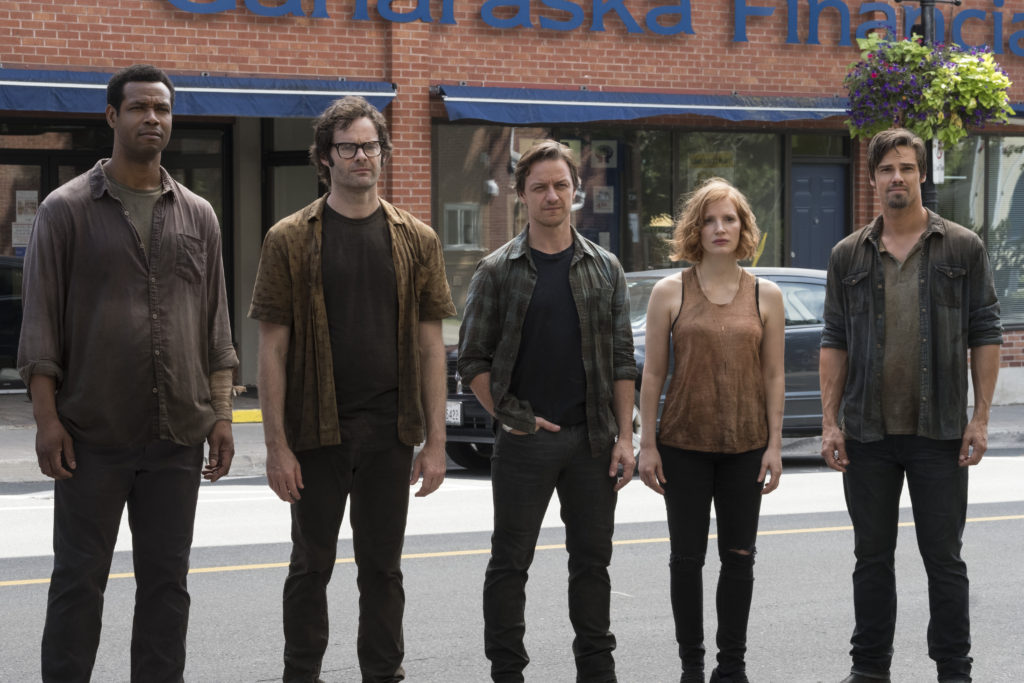 An image of the cast of "IT Chapter Two":  (L-r) ISAIAH MUSTAFA as Mike Hanlon, BILL HADER as Richie Tozier, JAMES McAVOY as Bill Denbrough, JESSICA CHASTAIN as Beverly Marsh and JAY RYAN as Ben Hascomb. 
(Brooke Palmer / Warner Bros Pictures)