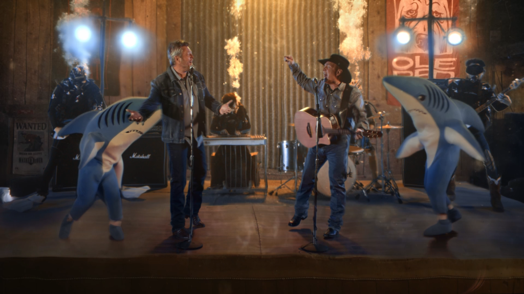 Still of music video with Garth Brooks and Blake Shelton