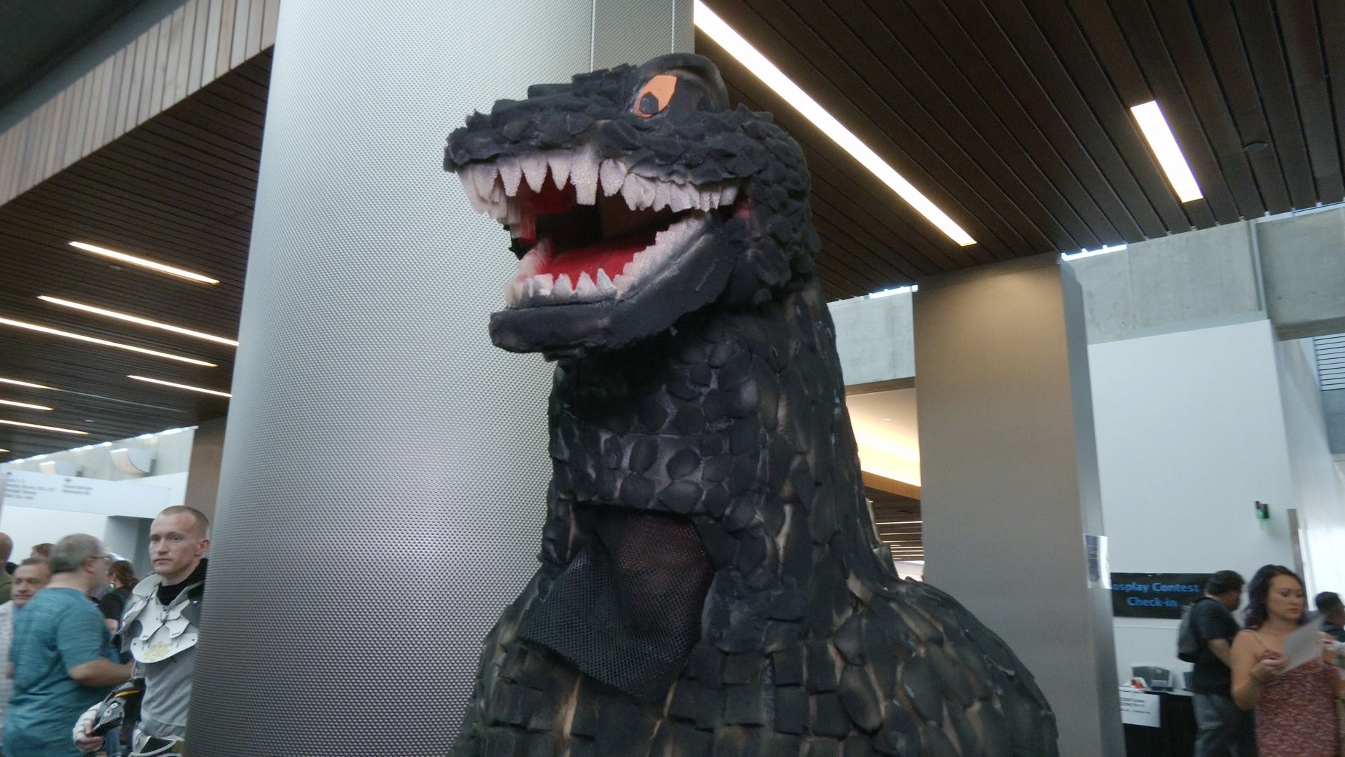 The head of Jose's Godzilla costume