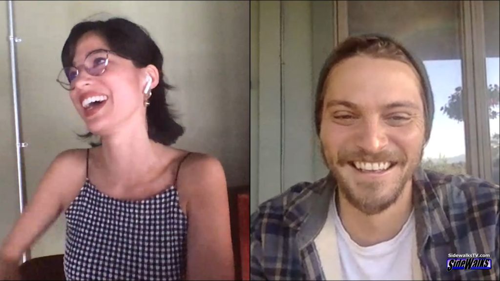 Laughing. Kelsey Asbille and Luke Grimes