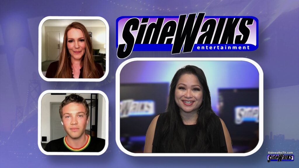 Connor Jessup and Darby Stanchfield with host Lori Rosales in a three shot with the Sidewalks logo