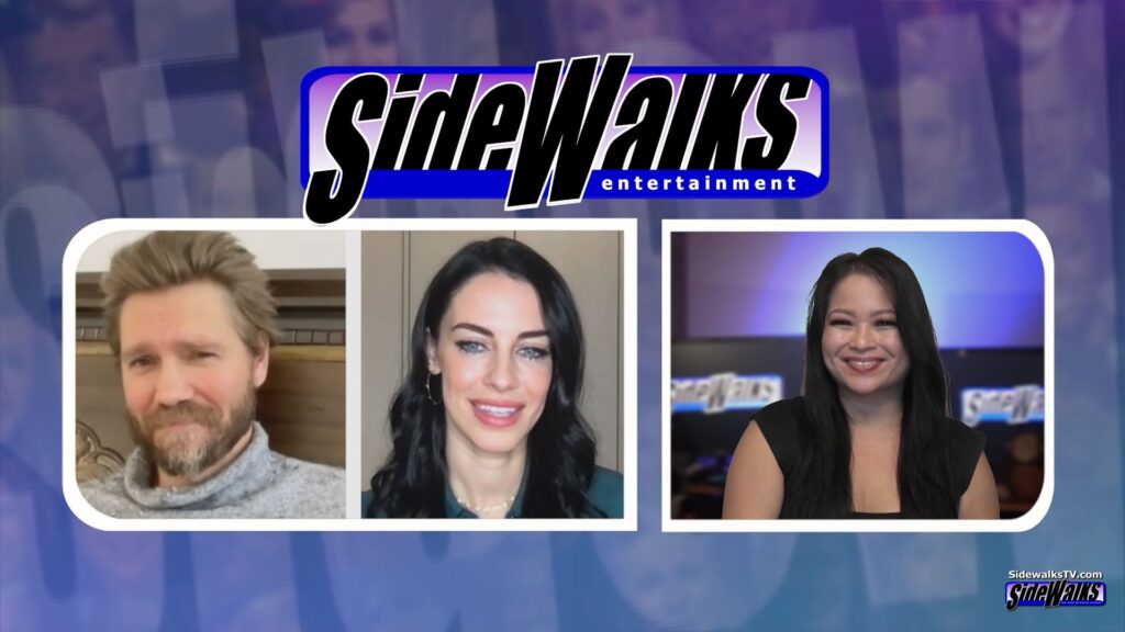 Chad Michael Murray and Jessica Lowndes with host Lori Rosales in a three shot with the Sidewalks logo