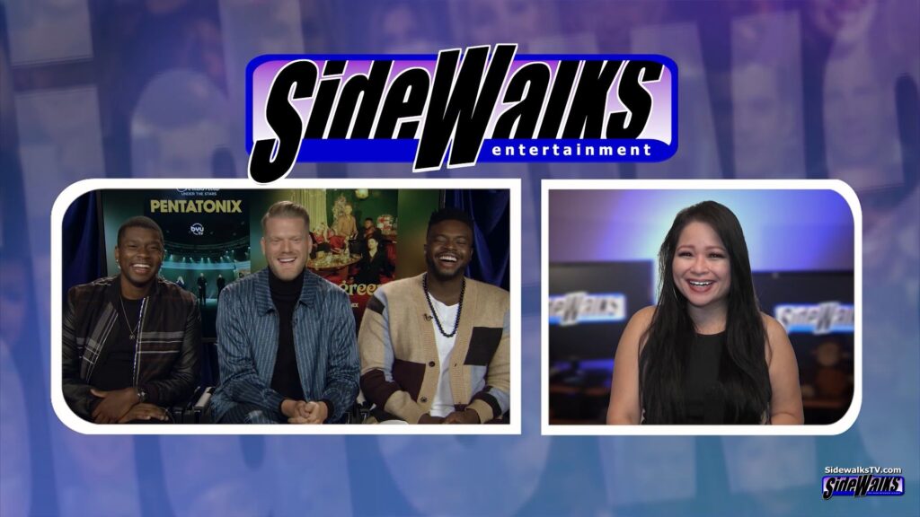 Host Lori Rosales interviews Pentatonix's Matt Sallee, Scott Hoying and Kevin Olusola in a two-shot with the Sidewalks logo