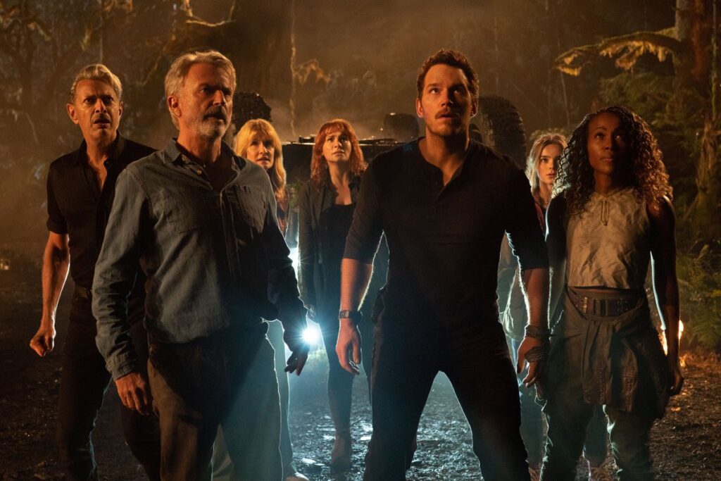 (From left) Dr. Ian Malcolm (Jeff Goldblum), Dr. Alan Grant (Sam Neill), Dr. Ellie Sattler (Laura Dern), Claire Dearing (Bryce Dallas Howard), Owen Grady (Chris Pratt), Maisie Lockwood (Isabella Sermon) and Kayla Watts (DeWanda Wise) in Jurassic World Dominion.