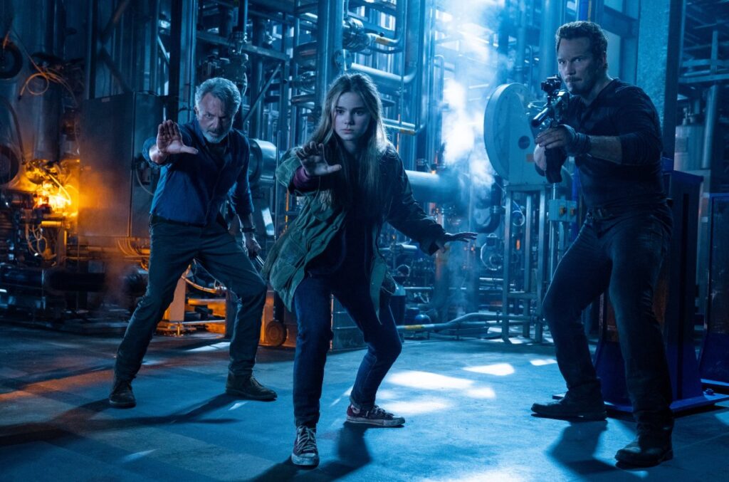 Still photo with (from left) Dr. Alan Grant (Sam Neill), Maisie Lockwood (Isabella Sermon) and Owen Grady (Chris Pratt).