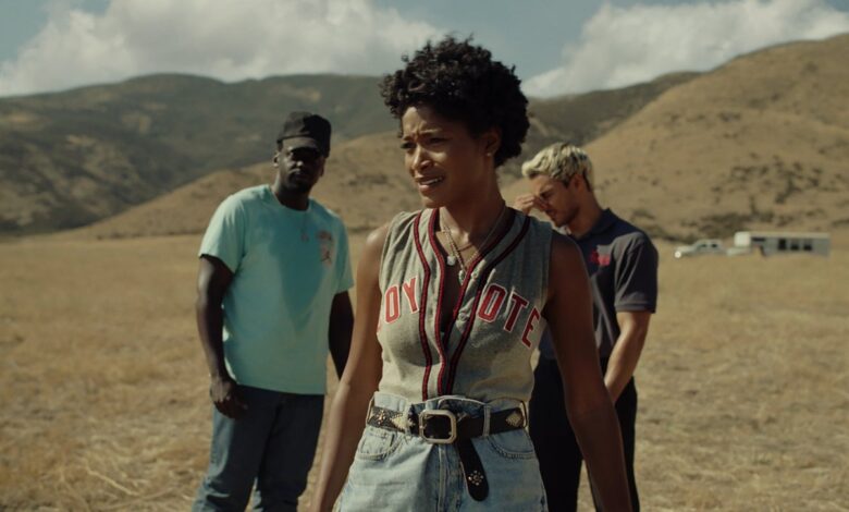 OJ Haywood (Daniel Kaluuya), Emerald Haywood (Keke Palmer) and Angel Torres (Brandon Perea)