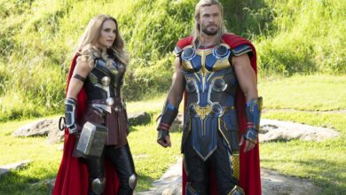 Natalie Portman as Mighty Thor and Chris Hemsworth as Thor