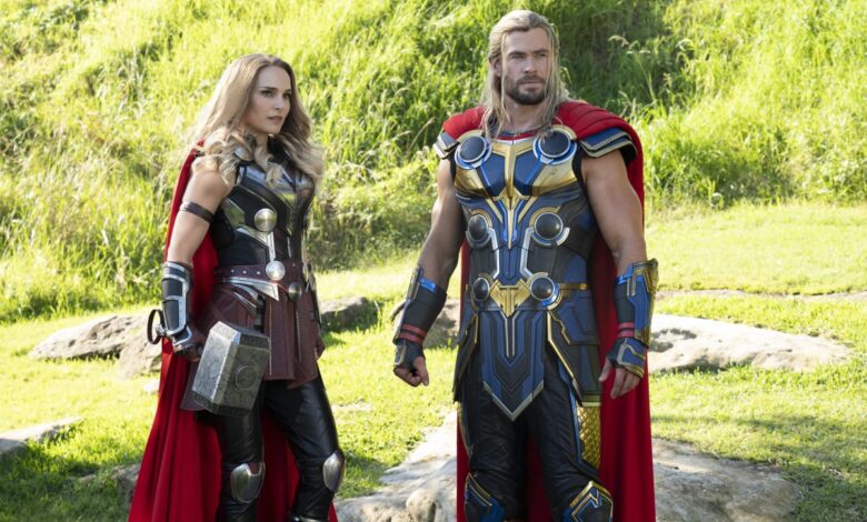 Natalie Portman as Mighty Thor and Chris Hemsworth as Thor