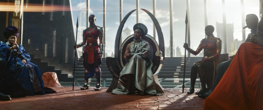 Dorothy Steel as Merchant Tribe Elder, Florence Kasumba as Ayo, Angela Bassett as Ramonda, Danai Gurira as Okoye