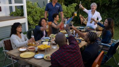 The cast at a table