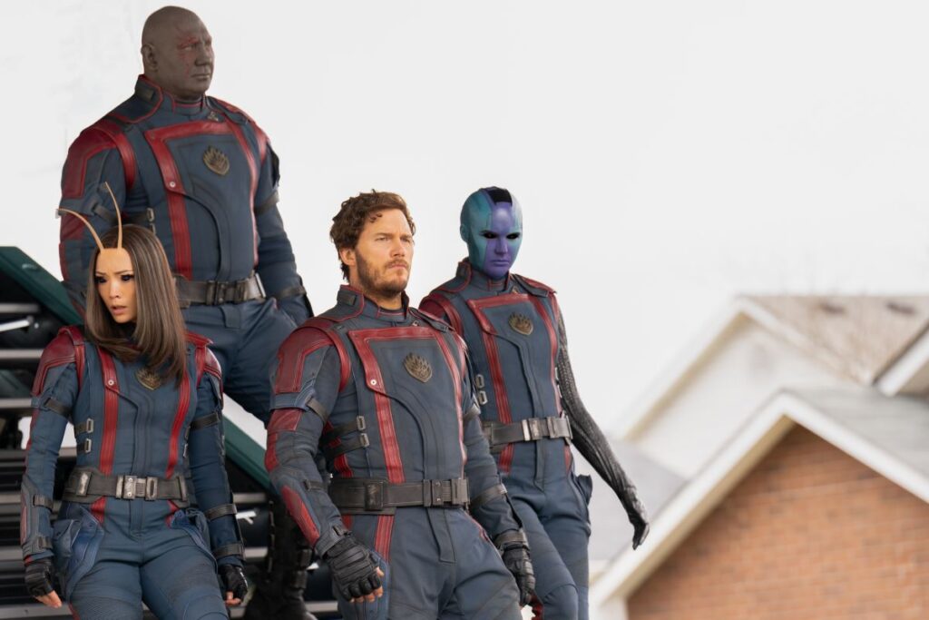 om Klementieff as Mantis, Dave Bautista as Drax, Chris Pratt as Peter Quill/Star-Lord, and Karen Gillan as Nebula