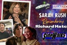 Images of Richard Hatch and Sarah Rush and as their Battlestar Galactica characters, Apollo and Rigel.