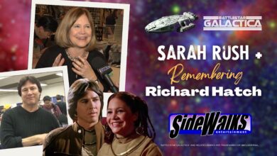 Images of Richard Hatch and Sarah Rush and as their Battlestar Galactica characters, Apollo and Rigel.