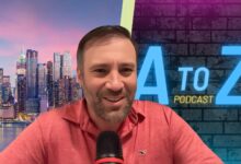 Anthony Zanni with a New York background and his logo for his podcast