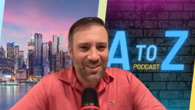 Anthony Zanni with a New York background and his logo for his podcast