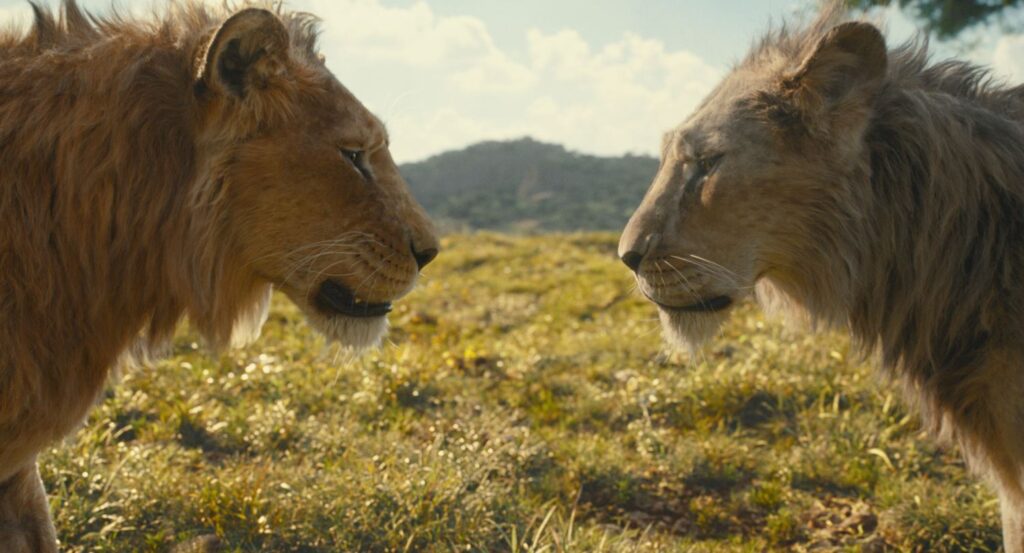 Mufasa (voiced by Aaron Pierre) and Taka (voiced by Kelvin Harrison Jr.)