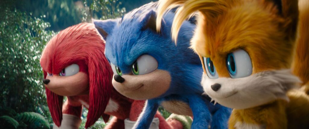 Knuckles (Idris Elba), Sonic (Ben Schwartz) and Tails (Colleen O'Shaughnessey) in Sonic the Hedgehog 3