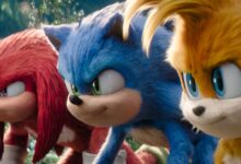 Knuckles (Idris Elba), Sonic (Ben Schwartz) and Tails (Colleen O'Shaughnessey) in Sonic the Hedgehog 3