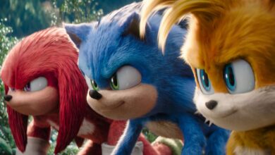 Knuckles (Idris Elba), Sonic (Ben Schwartz) and Tails (Colleen O'Shaughnessey) in Sonic the Hedgehog 3