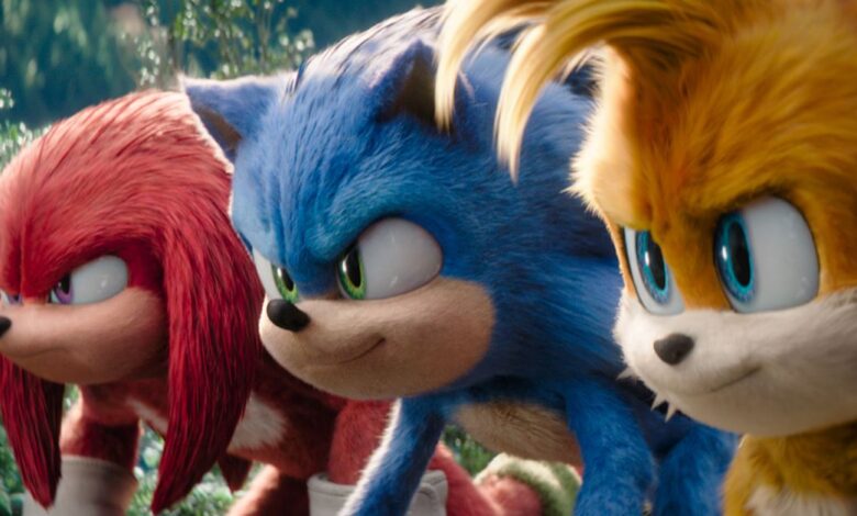 Knuckles (Idris Elba), Sonic (Ben Schwartz) and Tails (Colleen O'Shaughnessey) in Sonic the Hedgehog 3