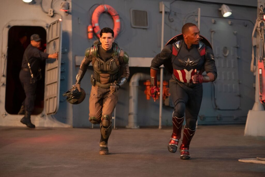 The Falcon/Joaquin Torres (Danny Ramirez) and Captain America/Sam Wilson (Anthony Mackie) in film still.